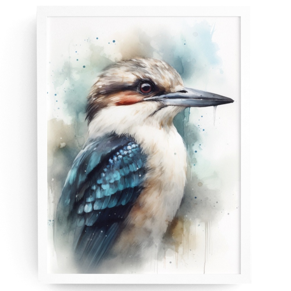 Watercolor Kookaburra Bird Portrait Wall Art Illustration Print Unframed